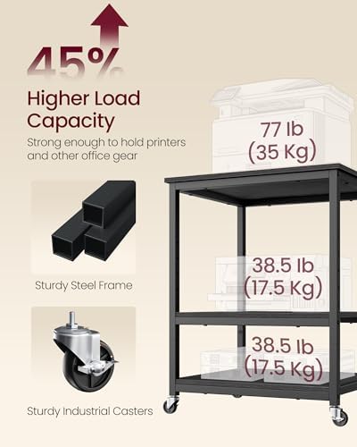VASAGLE 3-Tier Printer Stand with Locking Wheels, Under Desk Printer Table