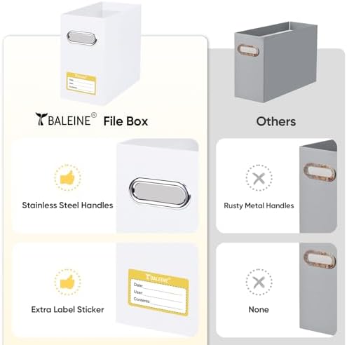BALEINE 4PK File Organizer Box, Cardboard File Folder Organizer with Handle | Strong Corrugated Paper Core, Label Stickers for Identification, Hanging File Folder Organizer, Home Office Document Storage