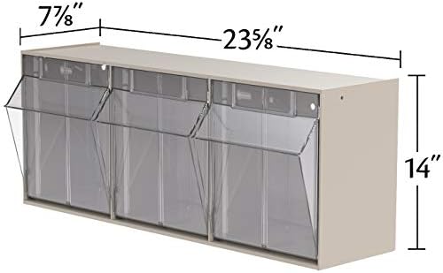 Akro-Mils TiltView Plastic Storage Cabinet with 3 Tilt Out Bins, Horizontal Plastic Parts Organizer, Teacher Toolbox, and Office Supply Organizer, 23-5/8" W x 9-7/16" H x 7-7/8" D, Stone
