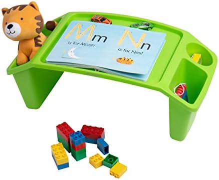 Mind Reader Kids Lap Desk, Portable Activity Tray with Side Storage, Stackable Plastic Desk for Drawing, Snacks, Study, Set of 2, Green