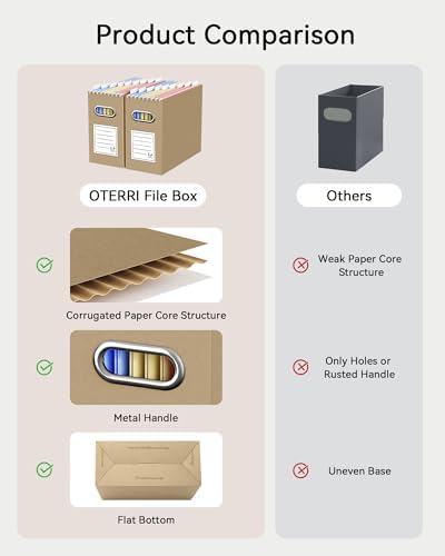 Oterri Portable Collapsible Cardboard File Box with Handle for Letter-Size | 8-Pack. Stainless Steel Handle. Label Stickers Included. Fits Letter Folders (Not Included). Home, Office, School, Dorm, Tax.