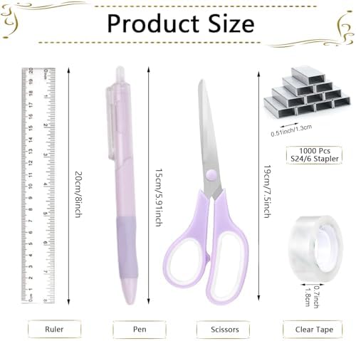 Office Supplies,Desk Accessories,Stapler and Tape Dispenser Set,1000 Staples,Staple Remover,Pen Holder,Folding Phone Holder,Journal Notebook,Ballpoint Pen,Scissor,Ruler,Clear Tape,Sticky Notes,Ect