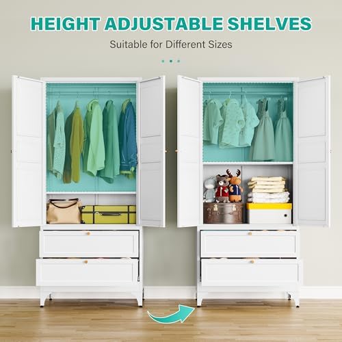 SISESOL Metal Wardrobe Cabinet with Drawer and Hanging Rod,Armoire Wardrobe Closet with Doors,White Metal Clothing Storage Cabinet with Adjustable Shelves,Armoire Storage Cabinets for Home,Bedroom
