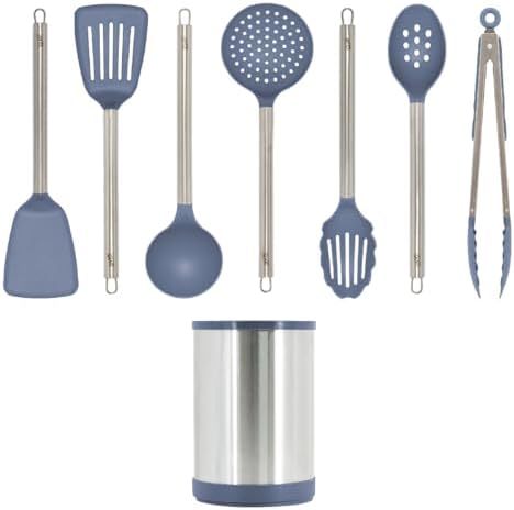 Glad Kitchen Utensils Set, 8pcs - Nonstick Cooking Tools with Stainless Steel Handles & Rotating Utensil Holder - Turners, Ladle, Spoon, Tongs, Spaghetti Server, and Skimmer - Dishwasher Safe, Blue