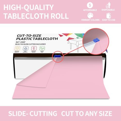 CXPSINC 54 Inch X 100 Feet Plastic Table Cover Roll Disposable Tablecloth with Slide Cutter for All Type/Shape Tables | Party, Banquet, Birthdays, Weddings(Pink, 100 Feet)