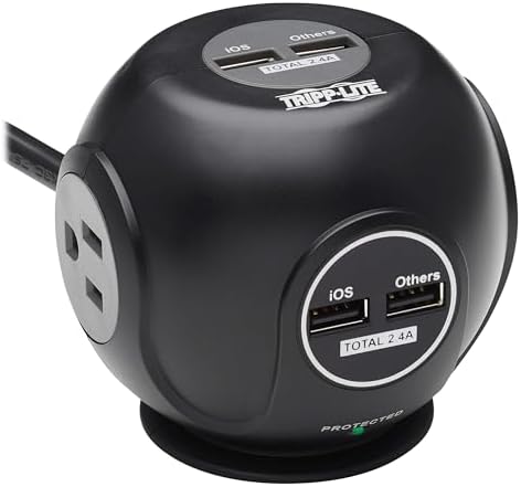Tripp Lite Surge Protector 3-Outlet Spherical Surge Protector, 4 USB Ports (4.8A Shared) - 6-ft. (1.83 m) Cord, 5-15P Plug, 540 Joules, Black (TLP36USB)