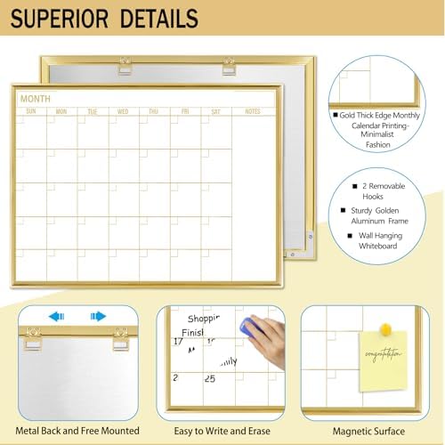 Golden Monthly Dry Erase Calendar Whiteboard for wall-16"X12" Portable Aluminum Frame,Magnetic Calendar White Board,Wall Planner Dry Erase Board for Office, Kitchen, School, Home-GG