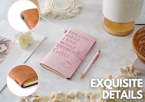 Coffee gifts Leather Journal Notebook with Pen, for Coffee Lovers, Men, Women on Birthday, Refillable Sketchbook, Travel Diary, Lined Planner, 7x5 Inches, Pink - Brilliant Ideas - Leather embossing