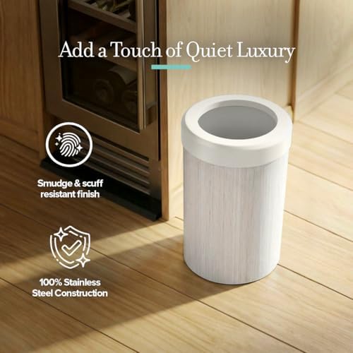 Gatco Small Bathroom Trash Can with Lid, Round 3 Gallon Wastebasket, Under Sink, White Oak with Matte White, for Bathroom, Bedroom, Office (1932W)