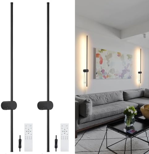 KELUOLY Dimmable Plug in Wall Sconce Set of 2,Black 39.37" LED Wall Light with Remote,Adjustable Color Temperature Brightness,Wall lamp with Timer for Living Room,Bedroom and Accent Lighting