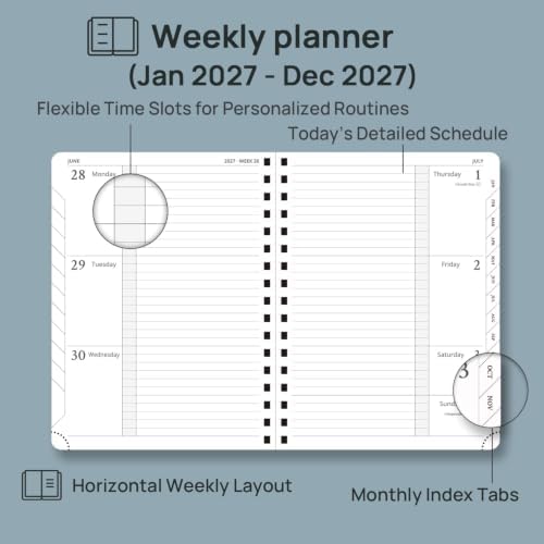 POPRUN 2027 Planner, 6.75" x 8.5" Weekly Calendar Book, Day Planner 2027