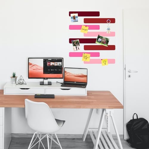 8Pcs Rectangle Felt Cork Board Bar Strips with 35 Pushpins, Self-Adhesive Bulletin Board Strips for Office School Home Wall Decor Stickers Memos Schedules Photos Display -Gradual Red
