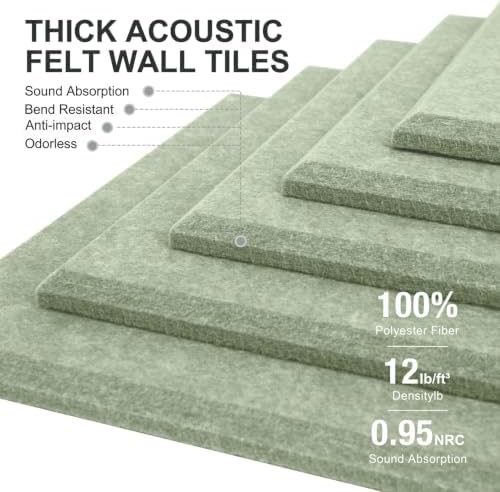 0.47" Thick Felt Wall Tiles 48"x36" Cork Board Alternative 12 Pack 11.81"x11.81"Felt Bulletin Board Pin Board with Removable Adhesive Tape&60 Pushpins for Home Office School(Flat-Sage)