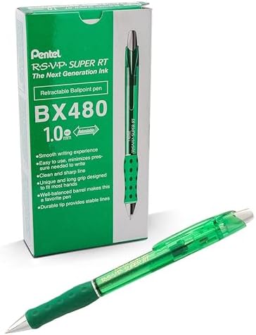 Pentel RSVP Super RT Ballpoint Pen, (1.0mm) Medium Line, Green Ink, Box of 12, (BX480-D)