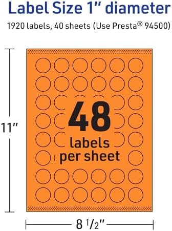 Avery Printable Round Labels, Sure Feed Technology, 1" Diameter, Bright Orange Labels, Print-to-the-Edge, Laser/Inkjet, 1,920 Total, Great for Price Stickers and Mailing Seals