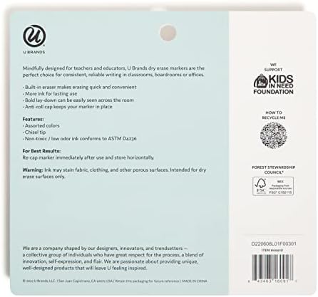 U Brands Dry Erase Markers with Eraser, Chisel Tip, Assorted, 5 Count