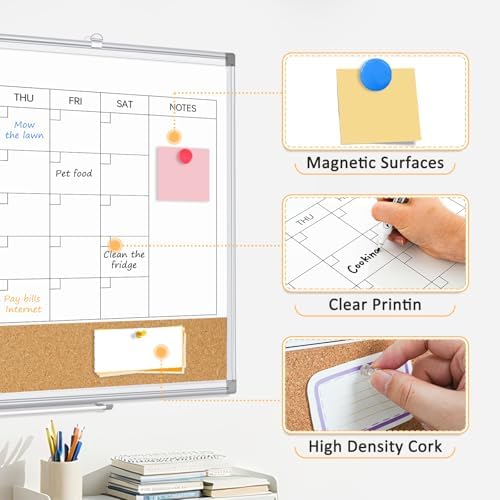 Monthly Dry Erase Calendar Whiteboard with Corkboard, 36" x 24", Silver