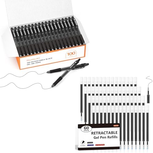 Shuttle Art School & Work Supplies Bundle, 100 Pack Black Retractable Gel Pens + 60 Pack Black Retractable Gel Pen Refills 0.7mm Fine Point for Writing Journaling Taking Notes School Office Home