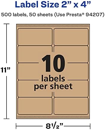 Avery® Kraft Brown Rectangle Labels, Sure Feed® Technology, 2" x 4", 500 Kraft Brown Labels, Laser/Inkjet Printable