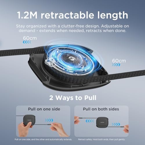 Lenovo 240W USB-C Retractable Cable, PD Fast Charging USB-C to USB-C, Smart Retractable Design, 1.2m (3.94 Ft), 480Mbps Data Transfer, Compact Portable Charger Cable for Laptop Tablet Phone, Black
