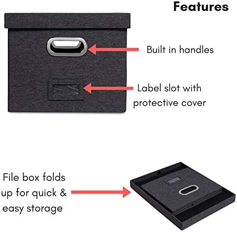 Internet's Best Collapsible File Storage Organizer with Lid - Decorative Linen Filing & Storage Office Box – Hanging Letter/Legal Folder – Home Office Bins Cabinet – Charcoal Container - 6 Pack