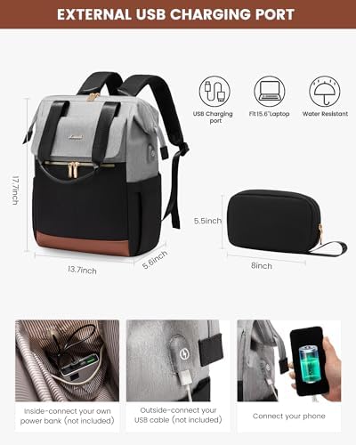 LOVEVOOK Laptop Backpack for Women with Giant Tumbler Holder, 15.6 Inch Work Laptop Bag with USB Port, Fashion Teacher Nurse Backpack Purse, Waterproof Travel Computer Backpack, 2PCS, Grey-Black