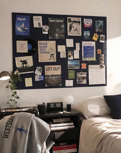 Aothia Felt Bulletin Board Tiles, 12-Pack 48"x36" Large Pin Board for Wall, Modern Cork Board Alternative for Notes, Photos, Memo & Office Organization, 70 Adhesive Tabs & 40 Push Pins - Carbon Blue