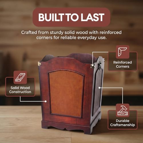 Vintiquewise Antique Wooden Wastebasket Trash Can with Handle – Decorative Solid Wood Trash Bin for Bathroom, Office, Bedroom or Living Room – Vintage Rustic Wooden Waste Can Organizer