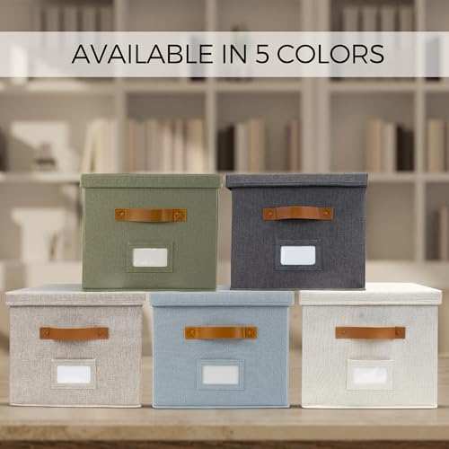 Decorative File Organizer Box Set of 2 - Collapsible Linen Filing Cabinets | Stores Documents and Hanging File Folders - Portable Office Crates with Lid and Handles for Easy Slide Access