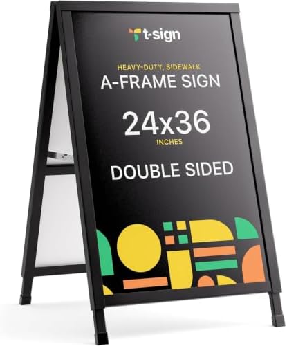 T-SIGN Outdoor A-Frame Sidewalk Sign 24x36 Inch Sandwich Board, Black Coated Steel Metal Double-Sided, Heavy Duty Slide-in Folding Frame Sign Holder, 2 Corrugated Plastic Poster Boards, Display Stand