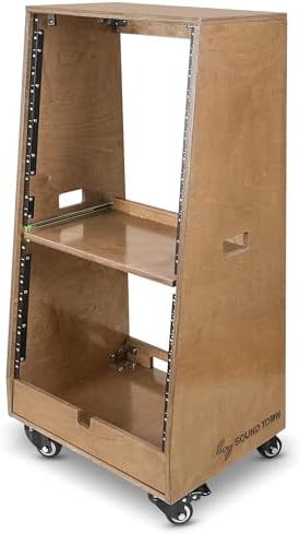 Sound Town DIY Slanted 20U Studio Rack (12U Top + 8U Lower), with 2U Bottom Storage, Slide-Out Tray, Caster, Plywood, Weathered Brown for Recording Room, Home Studio (SDRK-ST20TB)