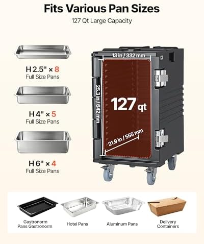 VEVOR Insulated Food Pan Carrier, 127 Qt Non-Electrical Food Warmer, with Swivel Wheel & 304 Stainless Steel Latch, LLDPE Stackable Hot Box, for Various Pan Sizes(NOT Included), Fit Catering BBQ Event