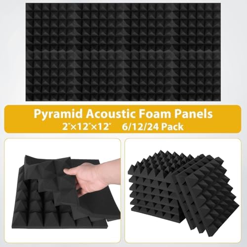 56 Pack Acoustic Foam Panels, 2" x 12" x 12" Sound Proof Foam Panles Pyramid-shaped, Soundproofing Noise Absorbing Pyramid Black Panels for Wall Studio Foams