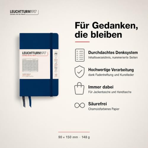 LEUCHTTURM1917 - Notebook Hardcover Pocket A6-187 Numbered Pages for Writing and Journaling (Navy, Squared)