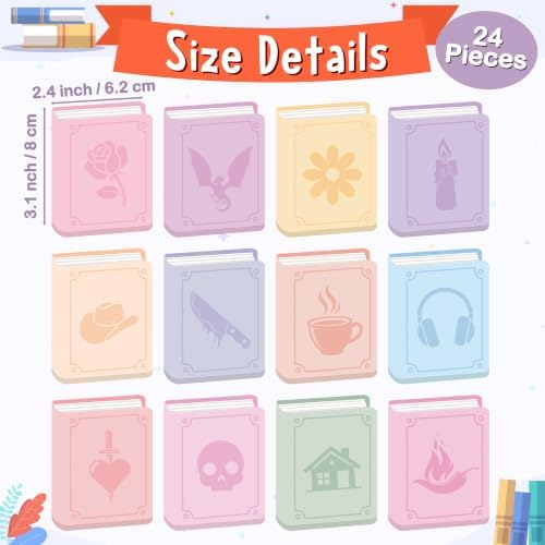 Laffact Books Shaped Sticky Notes Bulk, 24Pcs Book Lover Bookish Gifts