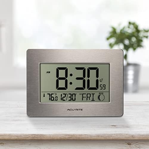 AcuRite Wireless Digital Wall/Tabletop Clock with 4 Interchangeable Plastic Frames - Stainless Steel, Bamboo, Matte Black, and Matte White – with Date, Indoor Temperature, and Moon Phase (75439)