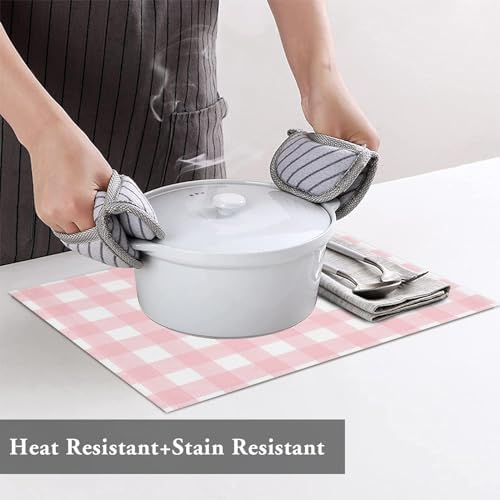 Christmas Placemat 1PC, Rustic Pink White Buffalo Check Plaid Pattern Heat Resistant Washable Table Place Mats Farmhouse Cotton Table Linens Party Holiday Decor for Kitchen Dining Outdoor Indoor