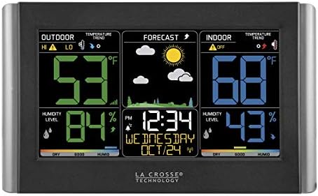 La Crosse Technology Weather Station with Customizable Alerts, Weather Forecast, Temperature, Dew Point, Humidity, Time, Heat Index, Large Display, Adjustable Brightness, Wireless, Black, C85845-INT