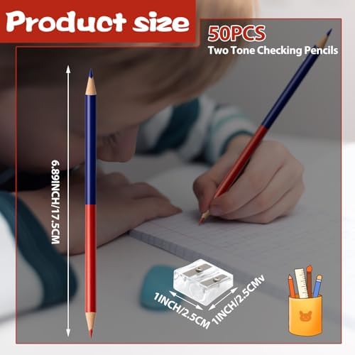 50 PCS Checking & Grading Pencils, Red and Blue Double Ended Erasable Pencils with Sharpeners, Pre-Sharpened #2 HB Back to School Supplies for Teachers, Testing, Office & Map Marking(50)