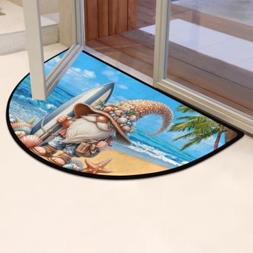 Pardick Cute Dwarf Beach Surfing Half Round Door Mat, Non-Slip Welcome Indoor Entrance Way Rug Semi Circle Front Doormats Washable Bathroom Kitchen Floor Mat, Outdoor Rugs for Patio, Hearth Rug