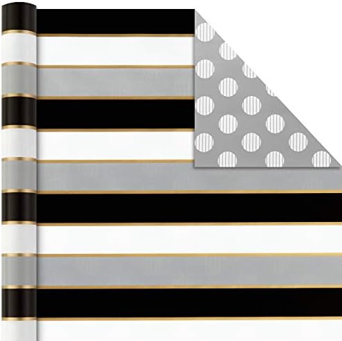 Hallmark Reversible Wrapping Paper Bundle with Ribbon & Gift Tag Stickers - Black, Gold Stripes, Plaid (3 Pack, 120 sq. ft. TTL, 30 Yds. Mini Ribbon, 36 Labels) for Graduations, Weddings, Christmas