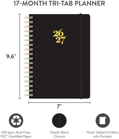 Orange Circle Studio 2027 Planner, Black Tri-Tab Weekly & Monthly Planner, 9.6" x 7", Spiral Bound Organizer with Note Pages, Pocket Dividers & Elastic Closure Design for Home Office Planning Uses