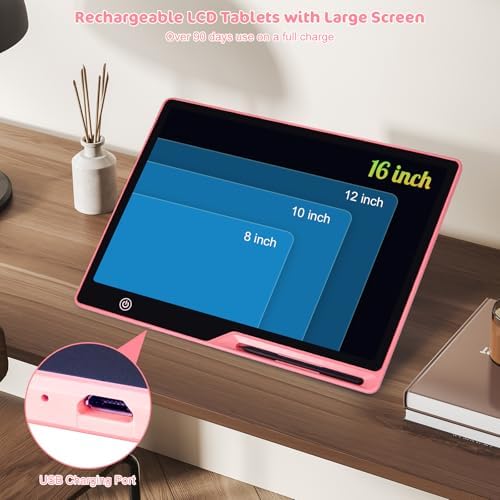 POPERFUN LCD Writing Tablet for Kids, Rechargeable Kids Drawing Pad 16 Inch Colorfuls Doodle Board, Kids Drawing Tablet Toys for Ages3 4 5 6 7 8 for Girls Boys Adults (Light Pink)