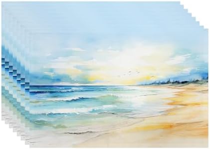 Batmerry Beach Scene Linen Placemats Set of 8, Serene Ocean View Washable Table Mats for Kitchen Table Thickened Heat Insulation Dining Set Indoor Outdoor 12X18 in