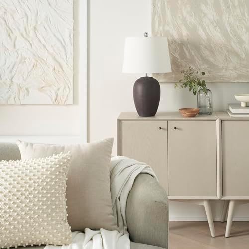 Nourison Home 23" Dark Purple Distressed Ceramic Pot Table Lamp for Bedroom, Living Room, Dining, Office, with White Shade