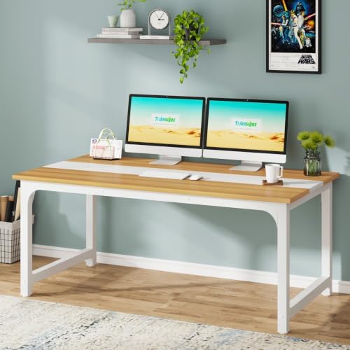 Tribesigns Modern Computer Desk, 63 x 31.5 inch Large Office Desk Computer Table Study Writing Desk Workstation for Home Office, Light Walnut/White