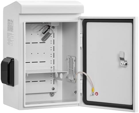 VEVOR Outdoor Electrical Box, Cold-Rolled Steel, Electrical Junction Box with Thermostat and Fan, Rain Hood, Ventilated Design, IP65 Waterproof Hinged Enclosure, Wall/Pole Mounted, 16 x 12 x 8 in
