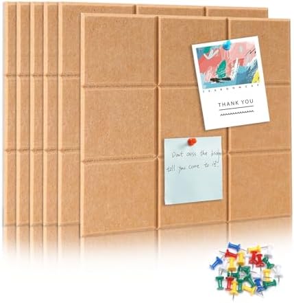 6 Packs Brown Cork Board Felt Board Tiles, Bulletin Board 12"X12" with 30 Push Pins, Felt Board for Home Kitchen Office Decor, Self-Adhesive Corkboard Tiles for Walls School Message Display Board