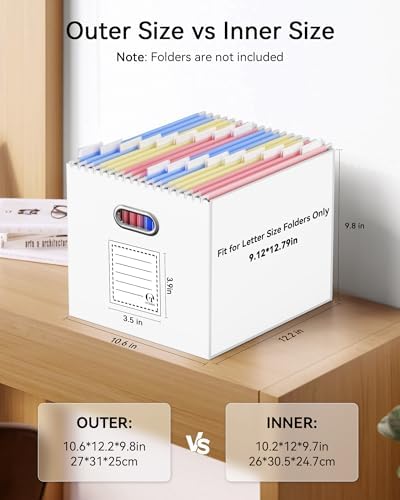 Oterri Portable Collapsible Cardboard File Box with Handle for Letter-Size | 2-Pack. Stainless Steel Handle. Label Stickers Included. Fits Letter Folders (Not Included). Home, Office, School, Dorm, Tax.