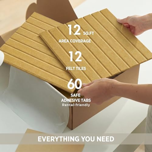 VIVELDA Large Felt Bulletin Board 48 x 36 Inch - 12-Pack Square Acoustic Wall Panels, Cork Board Alternative, NRC 0.95, Damage-Free Adhesive, Slatted Design for Home, Classroom (Mustard)